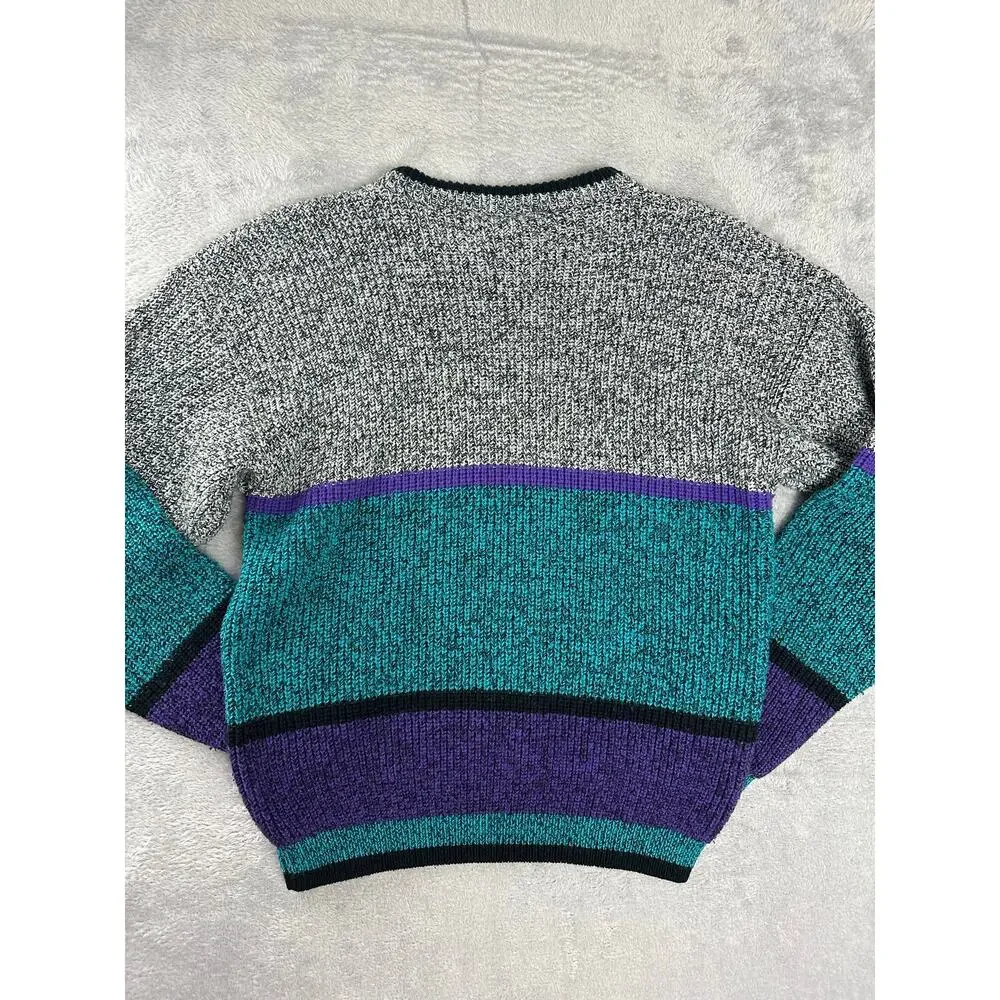 Vintage Brittania Purple Teal Colorblock Chunky Knit Sweater Men's Medium Retro
